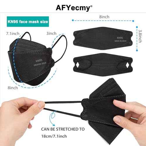 KN95 Face Masks Black 50 Pack for Adults, Breathable Disposable with Elastic Ear Loops