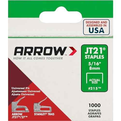 Arrow 215 JT21 Thin Wire Staples for Staple Guns and Staplers, Use for Upholstery, Crafts, General Repairs, 5/16-Inch Leg Length, 7/16-Inch Crown Width, 1000-Pack, Made in the USA