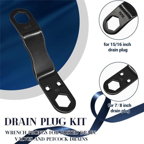 RV Water Heater Drain Plug Kit with Flag & Angled Wrench - 8 Piece Replacement Set