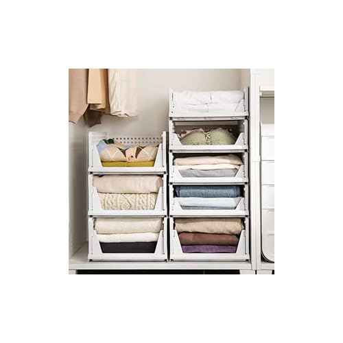 Phyllia 4 Pack Closet Organizers Stackable Storage Bins, Plastic Collapsible Drawer Basket for Kitchen Cabinets, Pantry, Offices, Bedrooms, Bathrooms,White
