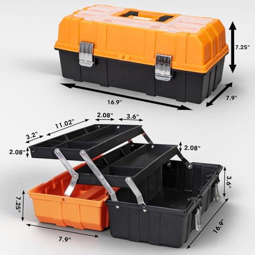Torin 17-Inch 3-Tier Plastic Tool Box with Tray Dividers, Black/Orange ATRJH-3430T