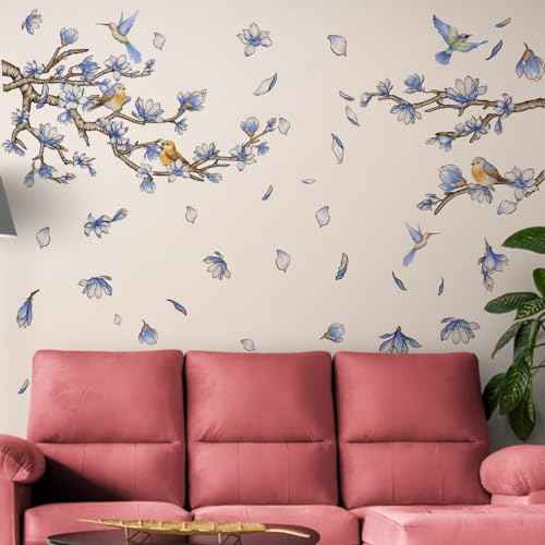 Creative 3D Peach Flowers Wall Decals Blue Cherry Blossom Flower Tree Branches Wall Stickers DIY Peel and Stick Watercolor Fresh Floral Birds Petals Decor for Kids Girls Bedroom Living Room Nursery