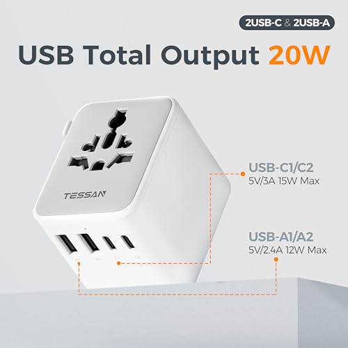 TESSAN Universal Travel Power Adapter Grey-20W International Plug with USB-C & USB Ports