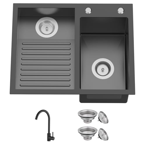FAUENPEEY Black Stainless Steel Laundry Sink with Washboard 23.6x18.9-Inch Double Bowl