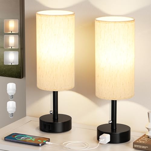Fenmzee Cream Set of 2 Small Bedside Table Lamps with 3 Color Temperatures & USB Outlets
