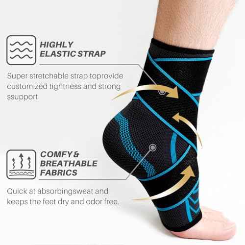 Ankle Brace for Sprained Ankle: Plantar Fasciitis and Achilles Tendonitis Relief, Heel Support for Men and Women with Strap for Foot Swelling and Compression (Single, Black Blue, Medium)