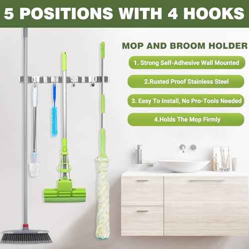 Broom Holder Wall Mount, Broom Organizer Wall Mount Stainless Steel Broom and Mop Hanger Heavy Duty Storage Organization for Home Kitchen Garden Garage Room 5 Racks 4 Hooks (1Pack)(Black Racks)