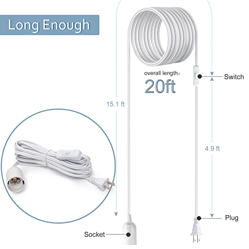 20ft UL Approved Hanging Lantern Pendant Light Cord with ON/OFF Switch - White Variation