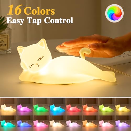 Mubarek Lying Cat Night Light - 16 Colors, 5 Dimming Touch & Remote, Rechargeable Silicone Cat Lamp, Cute Funny Gift for Kids & Adults