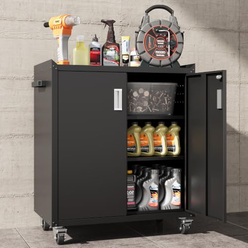 COFaR Heavy-Duty 2-Door Rolling Storage Cabinet, 35"H Black with 2 Adjustable Shelves, Lockable Wheels & Doors (Without Drawer) – Industrial Tool Chest