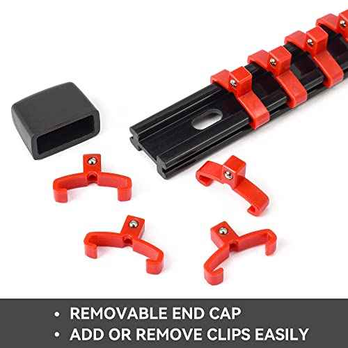 ALOANES 9PC ABS Socket Organizer, 1/2 inch, 3/8 inch and 1/4 inch Drive Socket Rail Holders, Heavy Duty Socket Racks, Black Rails with Red Blue Black Clips