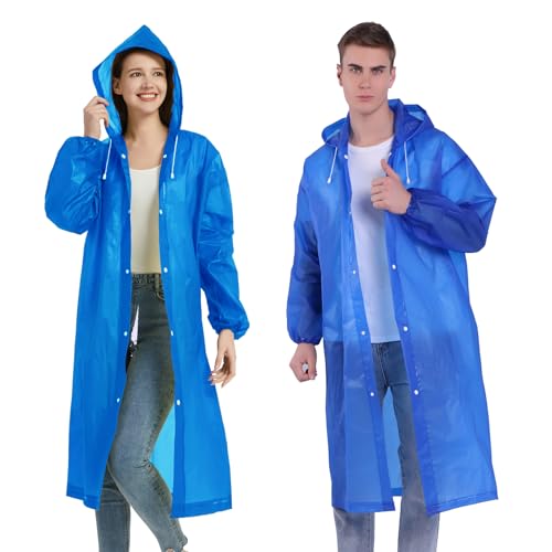 YDYJKI 2 Pack Waterproof Rain Ponchos for Adults with Hood, Reusable Lightweight Emergency Raincoats - One Size Sapphire Blue