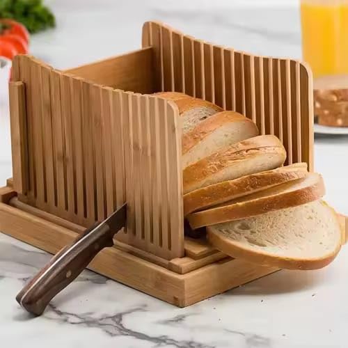 Bamboo Bread Slicer- Adjustable Thickness Bread Loaf Cutter For Homemade Bread, Sturdy Sandwich Bread Slicer With Manual Cutting Guide And Crumb Tray, | Foldable And Compact