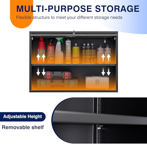 Yizosh Black Garage Wall Cabinet with Sliding Up-Flip Door - 32W x 21.6H x 16D, Heavy-Duty Steel