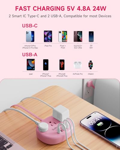 Pink 5FT Extension Cord with USB C Power Strip - Kawaii Style