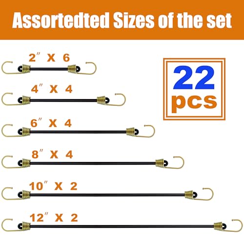 Yelier Mini Bungee Cords with Hooks 22pcs Assorted Sizes 2-12 Inch Black