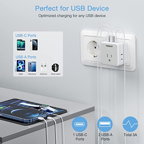 TESSAN All European UK Travel Plug Adapter Kit, Detachable Type C/G/E/F, White/Grey