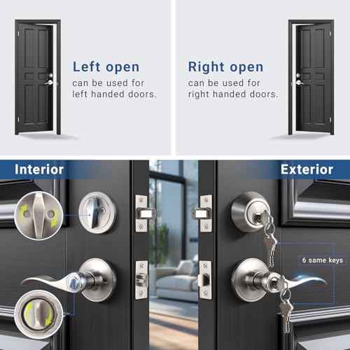 Knobonly 2 Pack Keyed Alike Front Door Handle with Single Cylinder Deadbolt, Satin Nickel Exterior Door Lock Set, Zinc Alloy