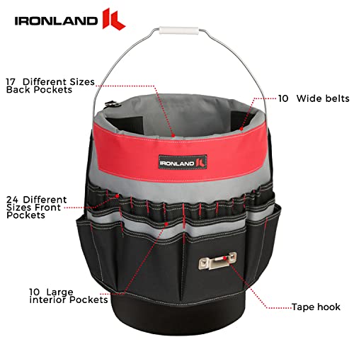 IRONLAND Bucket Tool Organizer for 3.5-5 Gallon Buckets, 51 Pockets, Red (Medium)