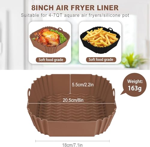 Boribim 2-Pack 8-Inch Silicone Air Fryer Liners (Black + Brown) – Reusable Sq Liners for 4-7 Qt Air Fryers
