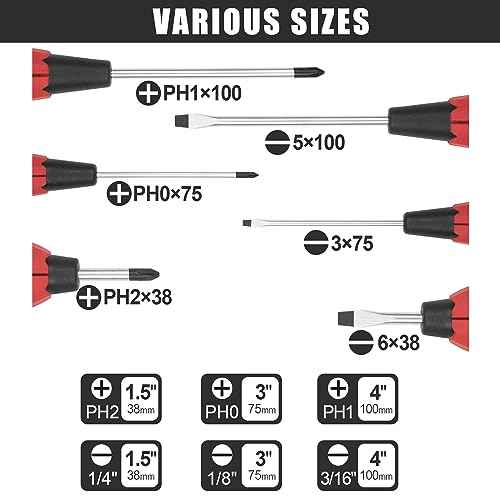 KURUI Magnetic Screwdriver Set, 6-Piece Screw Drivers Tool Set 3 Phillips and 3 Flat Head, Standard Screw Driver and Stubby Screwdriver Have Professional Cushion Grip