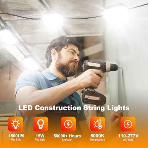 50FT LED Construction String Lights, 75W Super Bright 7500LM Plug in Linkable String Work Lights, 5000K Waterproof IP67 Temporary Lighting for Construction Sites, Jobsites, Indoor & Outdoo