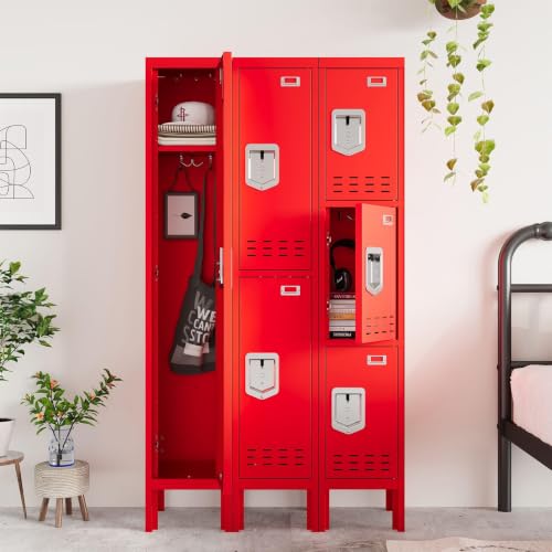 Red Metal Locker Cabinet 66-Inch One-Door Storage for Office, School, Gym