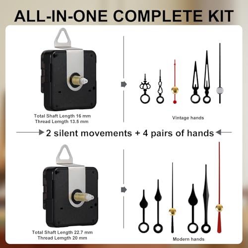 Semiround Silent Quartz Clock Movement Kit with 4 Short Hands & 2 Shaft Lengths - Model Shaft 22.7mm, Thread 16.5mm for 3-7 Inch Mini Clocks