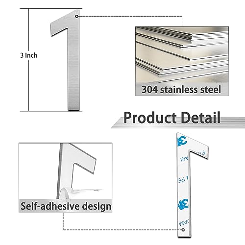 Luiety 3 Inch Modern House Numbers - Brushed Silver Stainless Steel Self-Adhesive Door Address for House, Mailbox, Office (Variation 1)