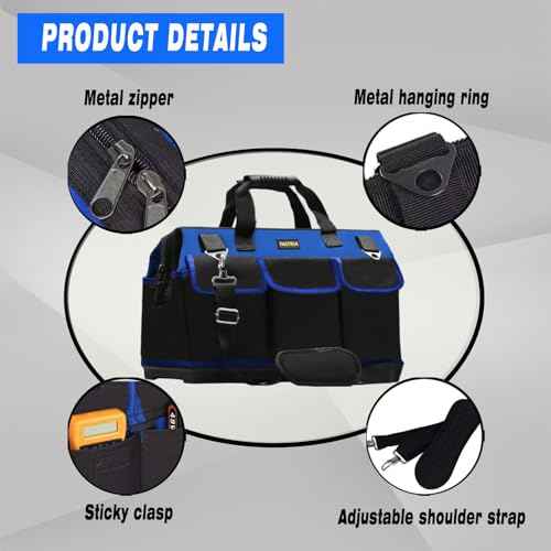 FASTECH 22 Inch Bottom Tools Bag With Wide Mouth For Tool Storage, Carrier and Organizer, Heavy Duty Tool Tote Bag For Men/Women, Wide Mouth Tool Bag With Inside Pockets (22 Inch)