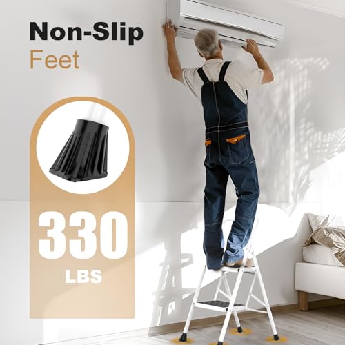 HBTower 2-Step Folding Step Ladder with Wide Anti-Slip Pedal – Support Rod Lock-Free Design