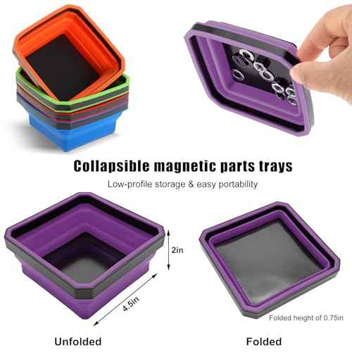 Collapsible Magnetic Parts Tray, 4.5 Inch Foldable Magnetic Square Silicone Tray, Tool Tray Set with Double-Sided Magnetic Base for Screw Bolts Nuts Pins, Car Accessories (Purple)