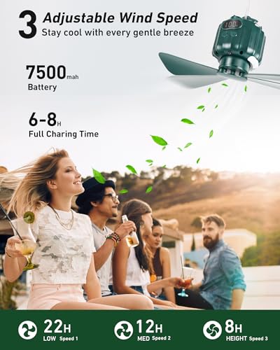 DUKUSEEK Portable Tent Ceiling Fan with Light & 7500mAh Power Bank - Green Small Version