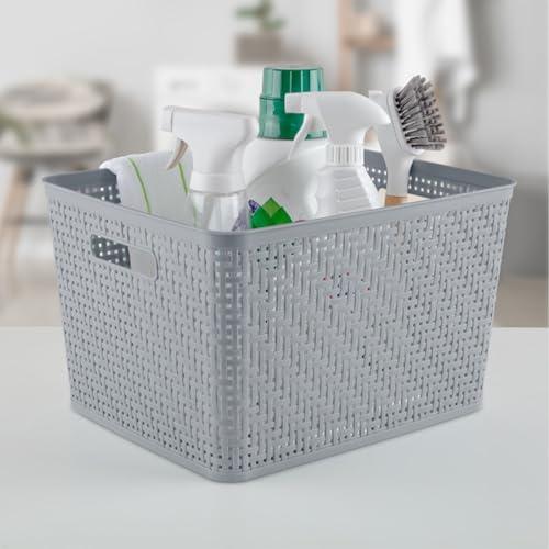 Sterilite Tall Woven Plastic Storage Basket 14 x 11.5 x 8.5 in (Cement) - 6 Pack - Large