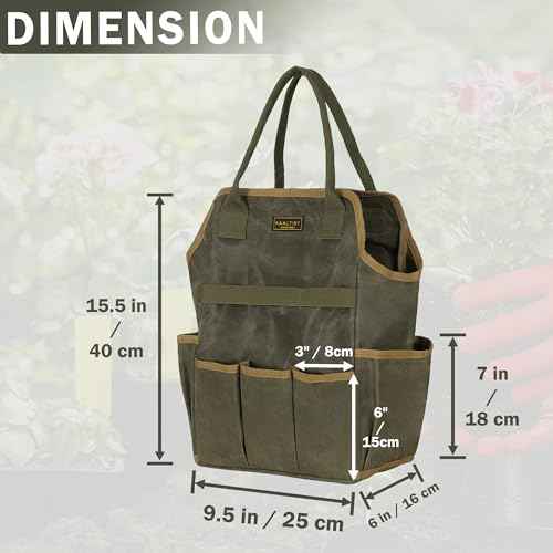 Tool Bag, Heavy Duty 16oz Waxed Canvas Garden Tool Tote - with 3 Inner Slots & 8 Outer Pockets, Multi-Purpose Gardening Tool Storage Bag for Gardener Florist Workshop - Army Green
