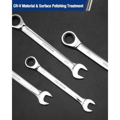 WORKPRO 19 mm Ratcheting Combination Wrench Metric, CR-V Constructed with Mirror Polish Chrome Plating, 12-Point Design, 15-Degree Offset