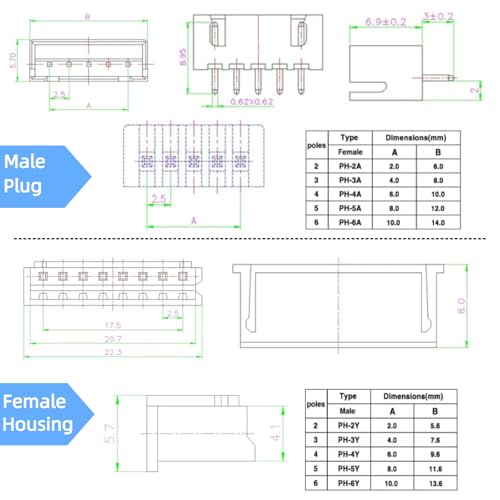 EGSCST 630PCS JST XH Connector Kit 2.54mm Pitch Female & Male Terminals with Variants