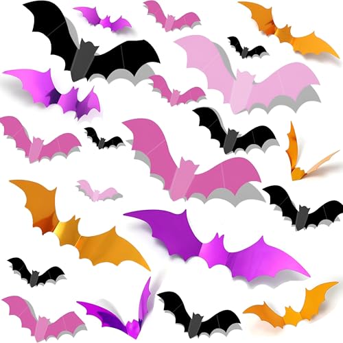 Halloween Bat Wall Decals, 80 Pieces, 4 Sizes, 5 Colors, 3D PVC Stickers for Indoor Outdoor Party Decoration