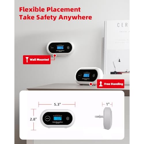 10-Year Battery Carbon Monoxide Detector, Portable Travel CO Detector Alarm for Home, Garage, RV, Camping, LCD Display with Backlight, V-0 Flame-Retardant Housing, Wall Mount or Tabletop