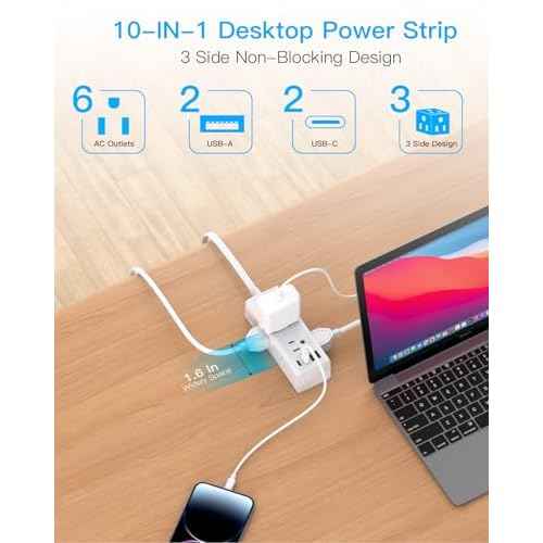 One Beat 10Ft Extension Cord with Multiple Outlets,Flat Plug Power Strip Surge Protector with 10 Ft Long Cord,6 Outlet 4 USB Ports (2USB C),Multi Outlet Wall Plug for Travel,College,Dorm Essentials
