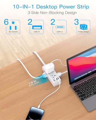 10Ft Flat Extension Cord Power Strip with Multiple Outlets & USB - White