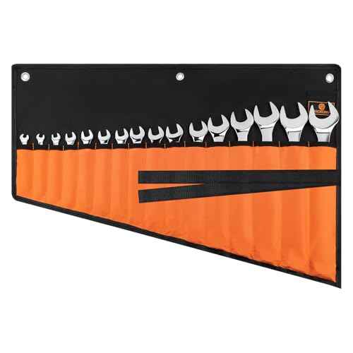 Wrench Roll Organizer 16 Pockets, Wrench Pouch Roll Up with Water Proof Oxford Cloth, Tool Roll Bag for Wrenches Organization, Black and Orange