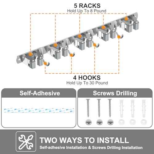 Broom Holder Wall Mount, Broom Organizer Wall Mount Stainless Steel Broom and Mop Hanger Heavy Duty Storage Organization for Home Kitchen Garden Garage Room 5 Racks 4 Hooks