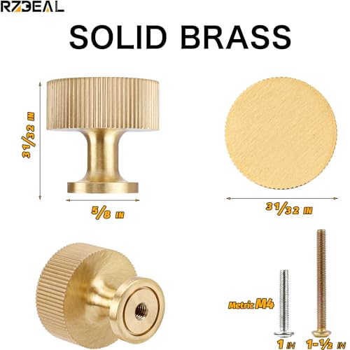6 Pack 1 Inch Solid Brass Cabinet Knobs - Gold Brushed Finish Drawer Pulls