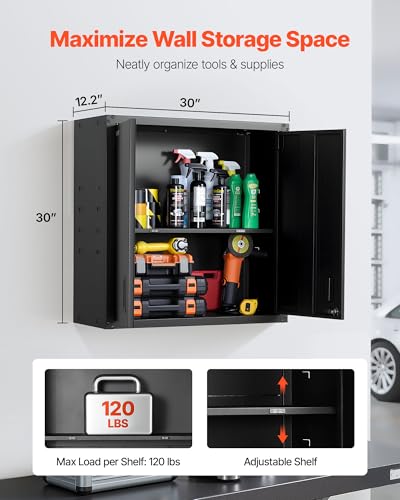 VEVOR Foldable 30in Metal Wall Cabinet with Locking Doors, 4 Adjustable Shelves – Black, 30W x 12.2D x 30H, Garage/Shop