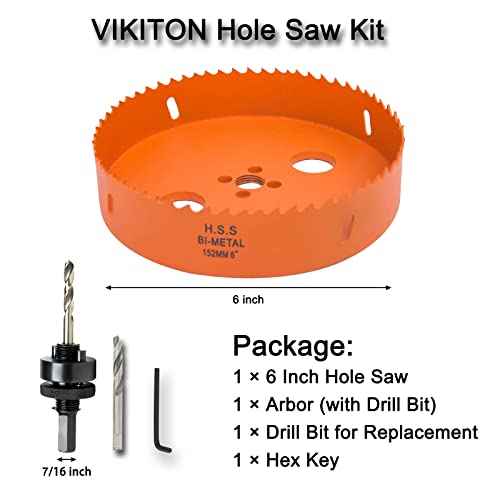 6 Inch Hole Saw with Arbor for Metal Wood and Plastic Cutting, 152mm Bi-Metal Hole Cutter for Different Project with Smooth and Flat Drilling Edge, Fast Chip Removal, Handy Hole Saw Kit Set