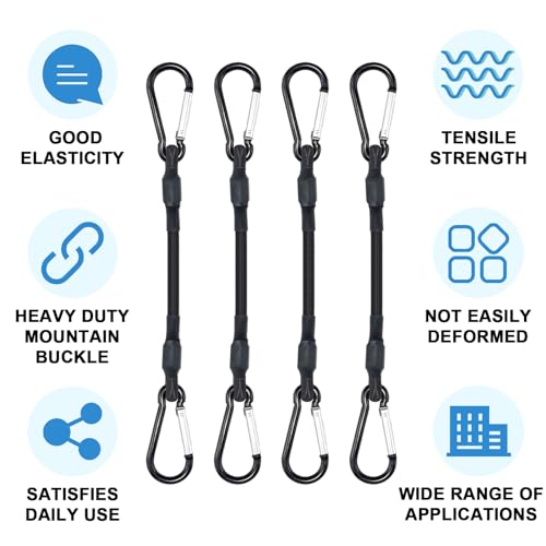 SDTC Tech 8 Inch Mini Bungee Cords with Carabiner Hooks - 4 Pack