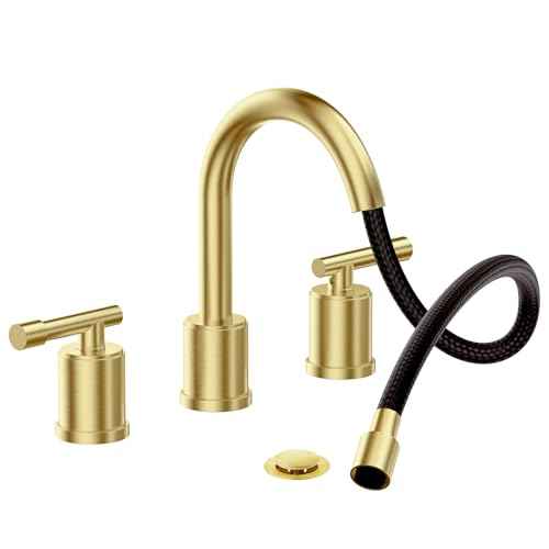 Phiestina Brushed Gold Bathroom Faucet Pull Down- 8 Inch Widespread 3-Hole with Pull-Out Sprayer,Lead-Free Stainless Steel,Metal Pop-Up Drain,Water Supply Lines,2 Handles,WFZY01CL-BG
