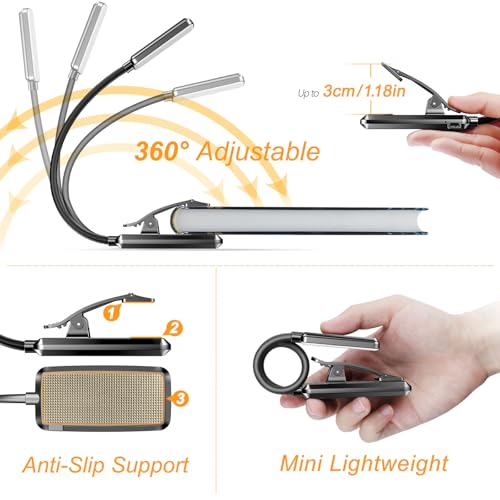 Gritin Rechargeable Book Light with 9 LED, Black, Reading Lamp, Dimmable & Portable