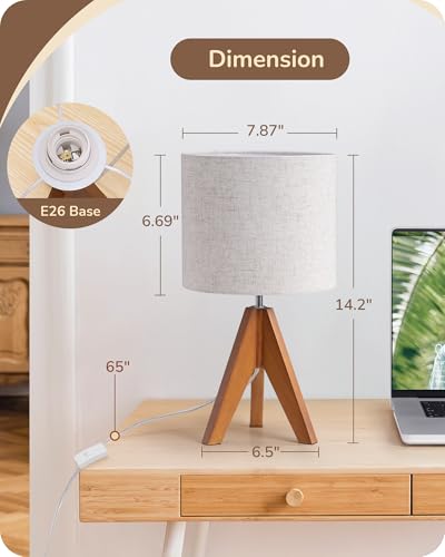 EDISHINE Small Tripod Bedside Lamp with Light Brown Wooden Finish, 14.2 Inch, E26 Base